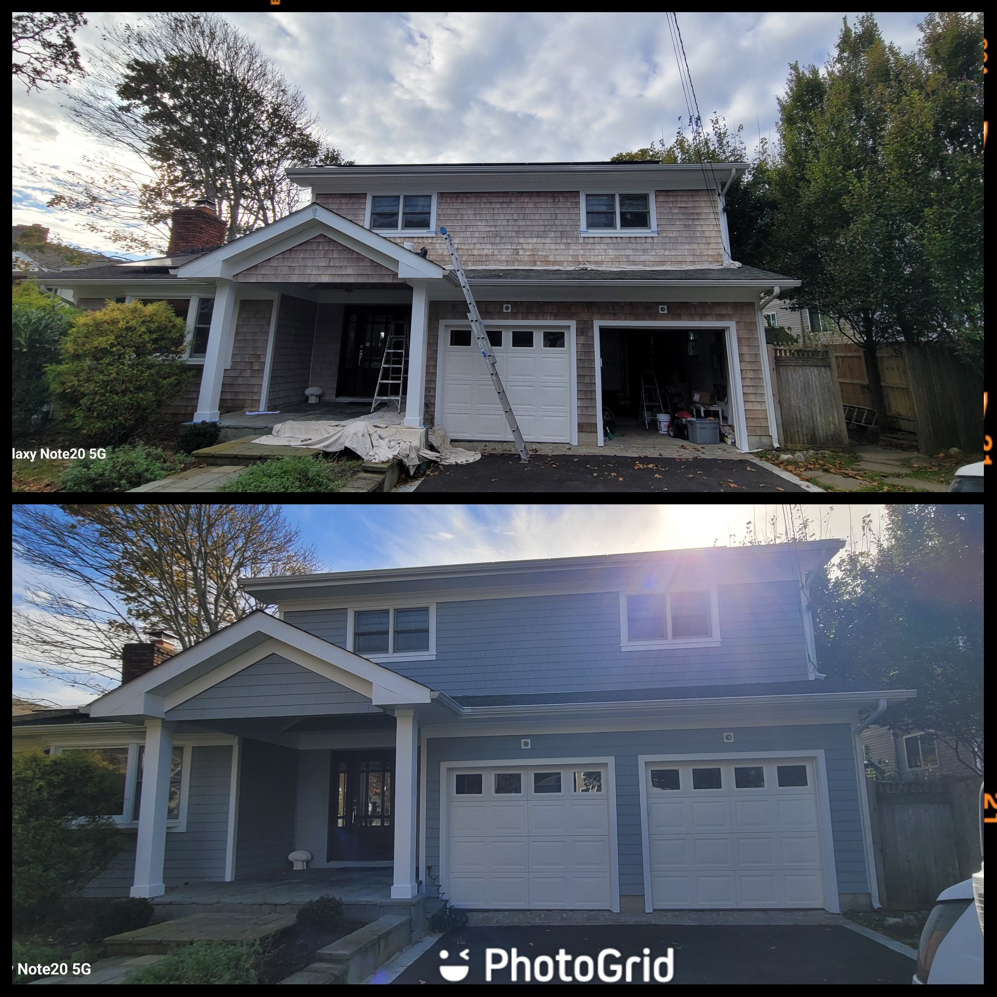 Exterior cedar shingle siding and trim repaint; before and after comparison.