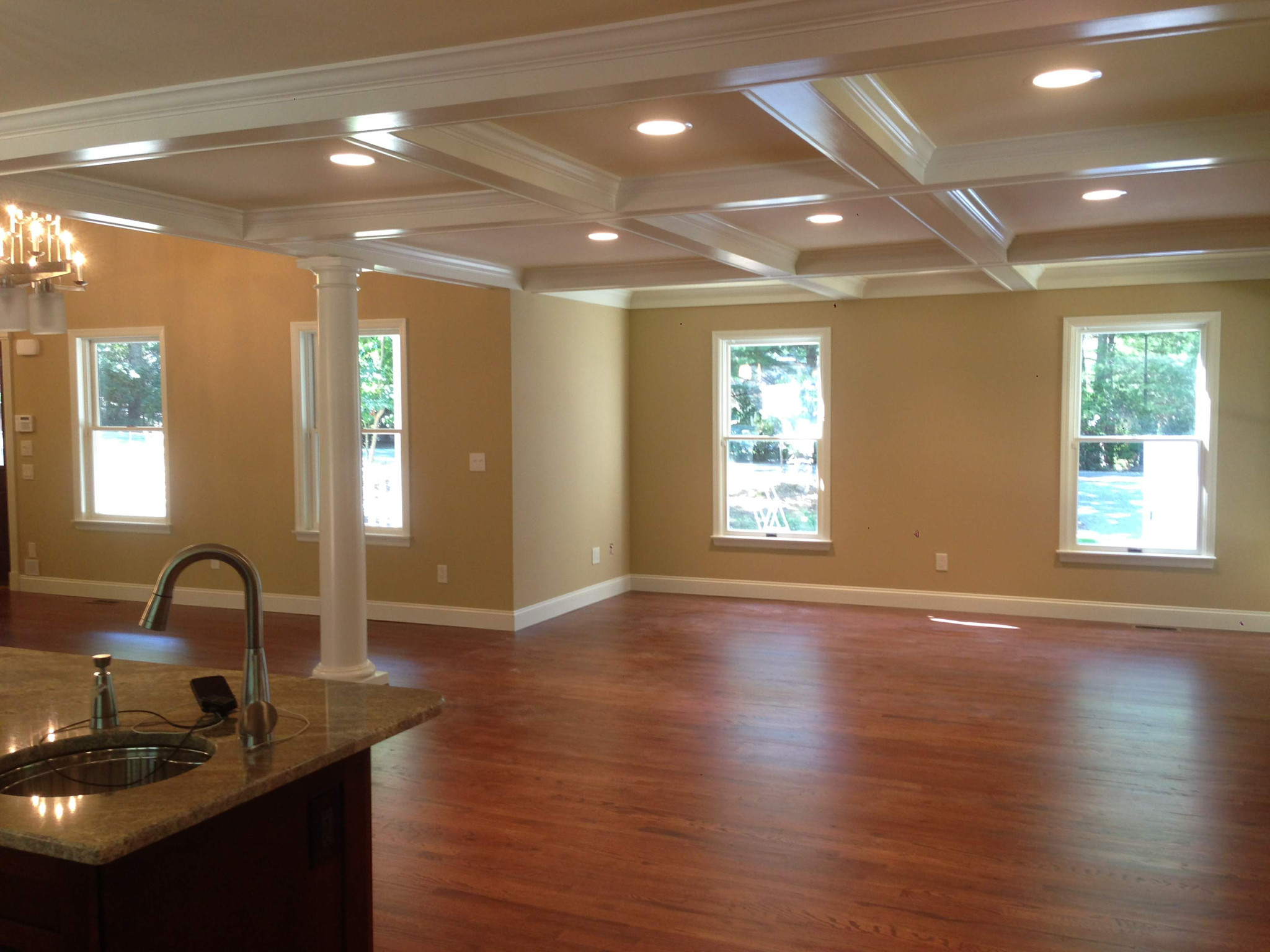 Interior — open-plan & coffered ceiling